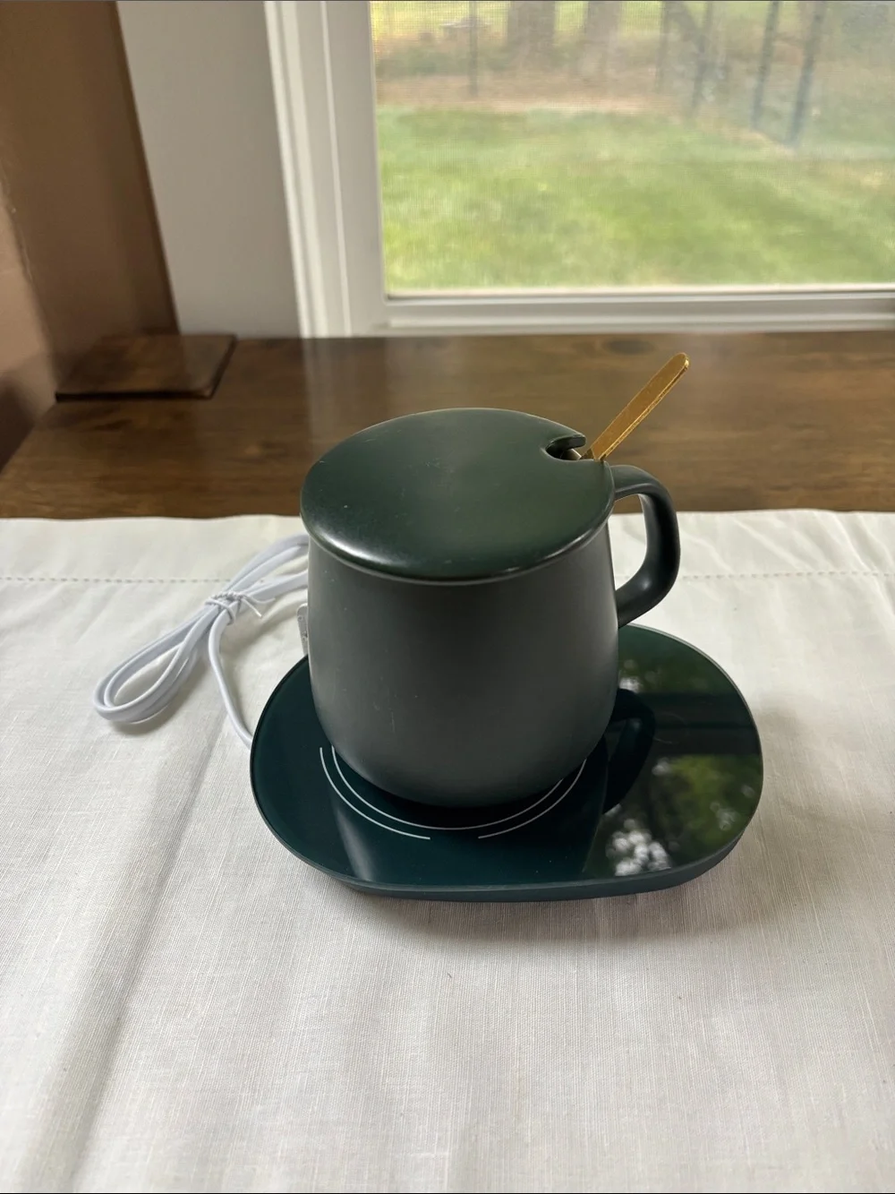 Tease Electric Mug Warmer Set in Deep Green with Lid and Spoon